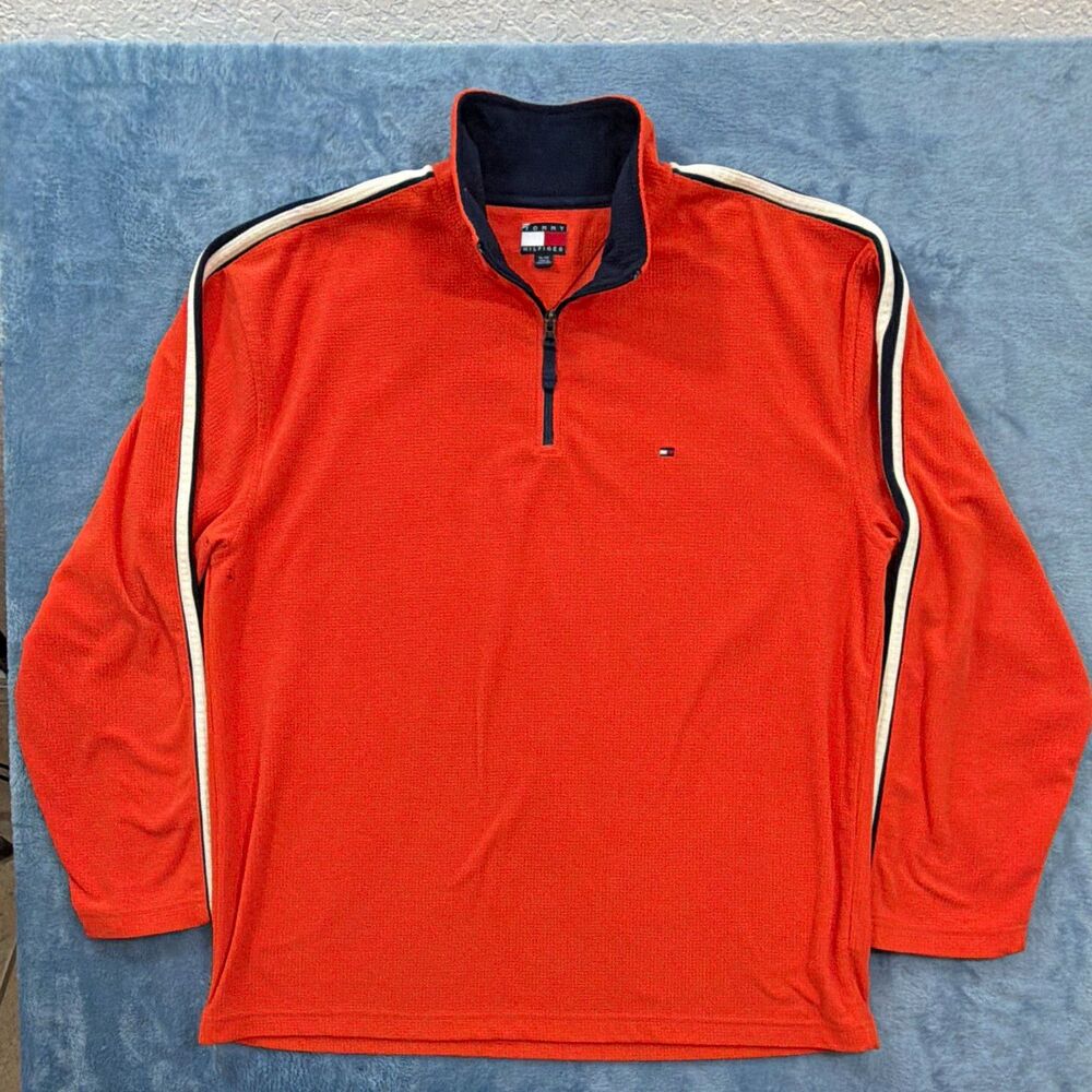 Vintage Y2K Tommy Hilfiger Quarter Zip Pullover Orange / Navy Mens XL Near Mint